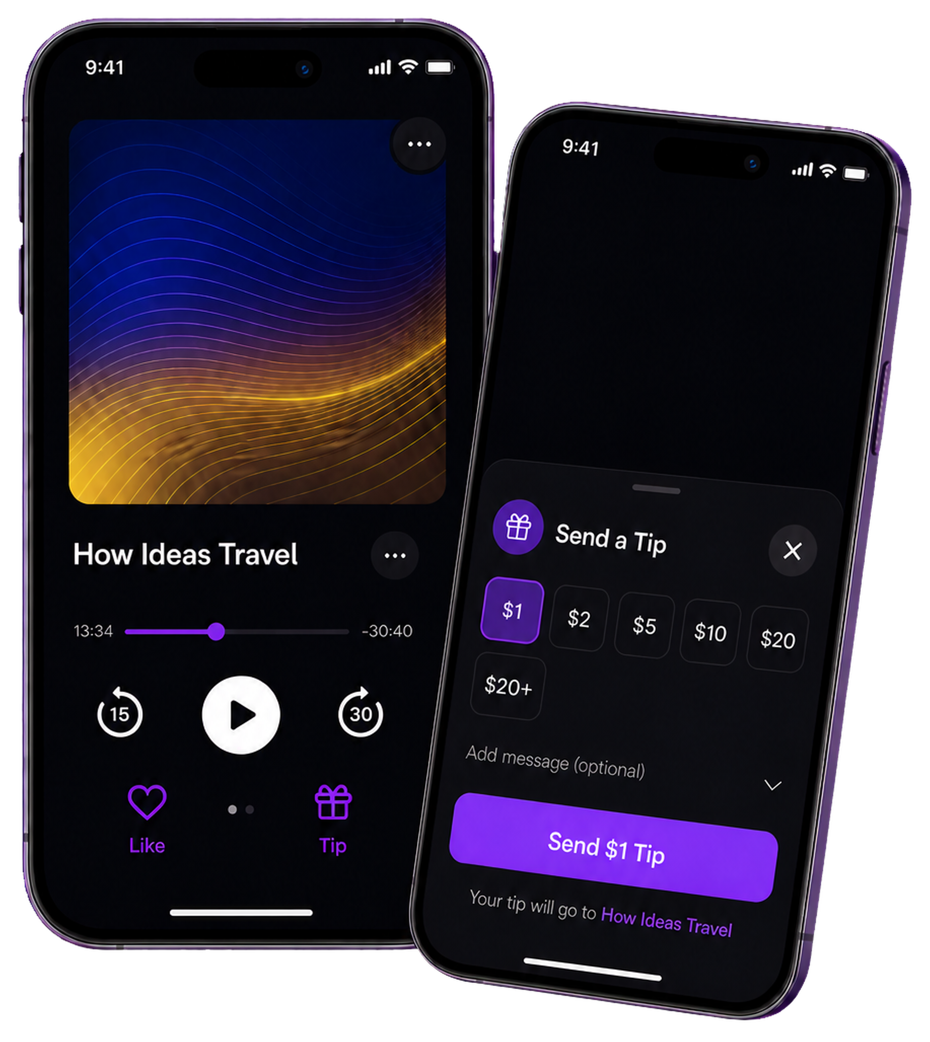 Podisodic app screens showing podcast playback and listener tipping